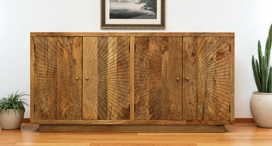 72" Natural Distressed Solid Wood Carved Geometric Sideboard with Four Doors-0