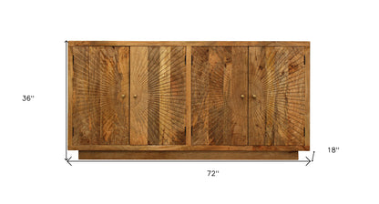 72" Natural Distressed Solid Wood Carved Geometric Sideboard with Four Doors-5
