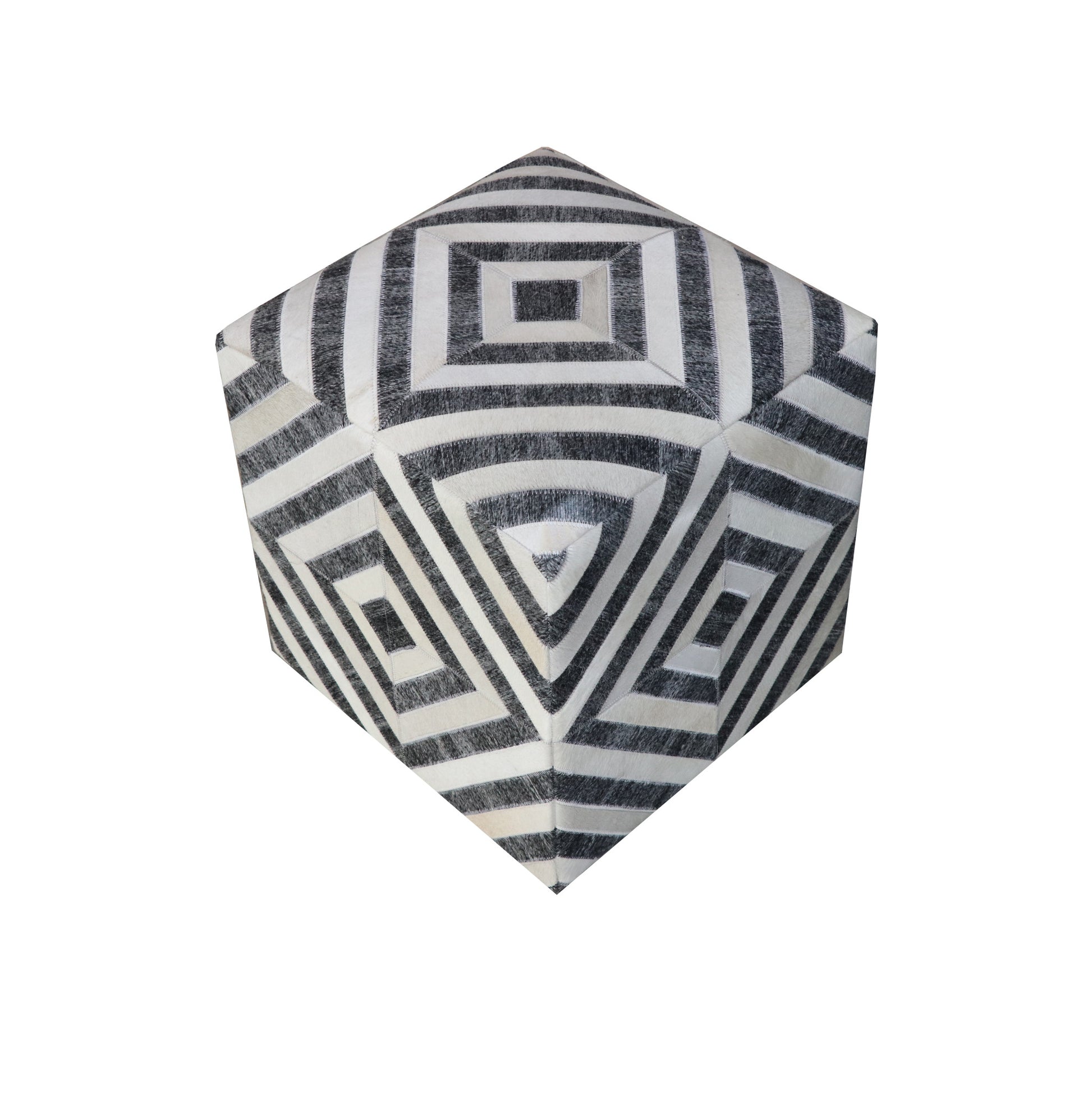 18" Dark Gray and Ivory Hair on Hide Cube Geometric Pouf Ottoman-1