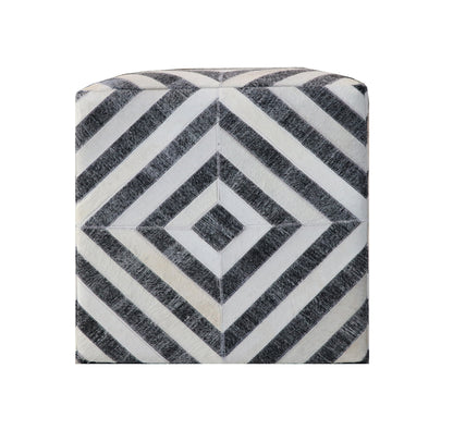 18" Dark Gray and Ivory Hair on Hide Cube Geometric Pouf Ottoman-2