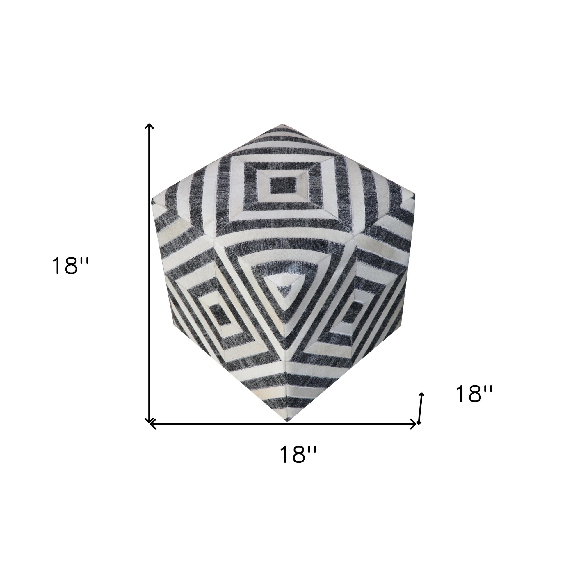 18" Dark Gray and Ivory Hair on Hide Cube Geometric Pouf Ottoman-5