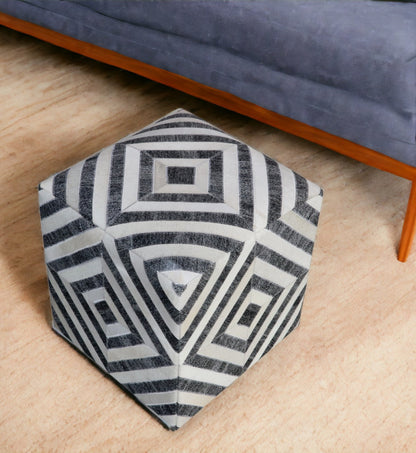 18" Dark Gray and Ivory Hair on Hide Cube Geometric Pouf Ottoman-0