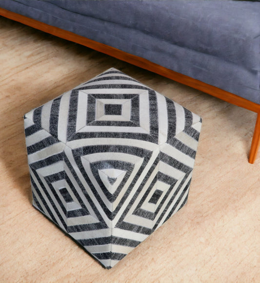 18" Dark Gray and Ivory Hair on Hide Cube Geometric Pouf Ottoman-0