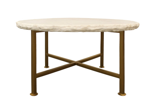30" Ivory and Brass Genuine Marble and Iron Round Frame Coffee Table-0
