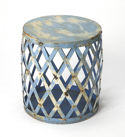17" Rustic Blue Iron Lattice Round Top End Table-0