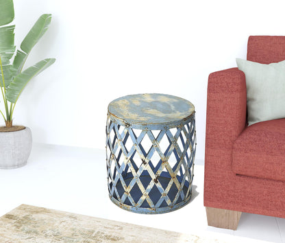 17" Rustic Blue Iron Lattice Round Top End Table-1