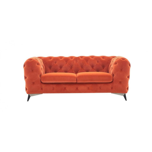 74" Orange And Silver Velvet Chesterfield Loveseat-0