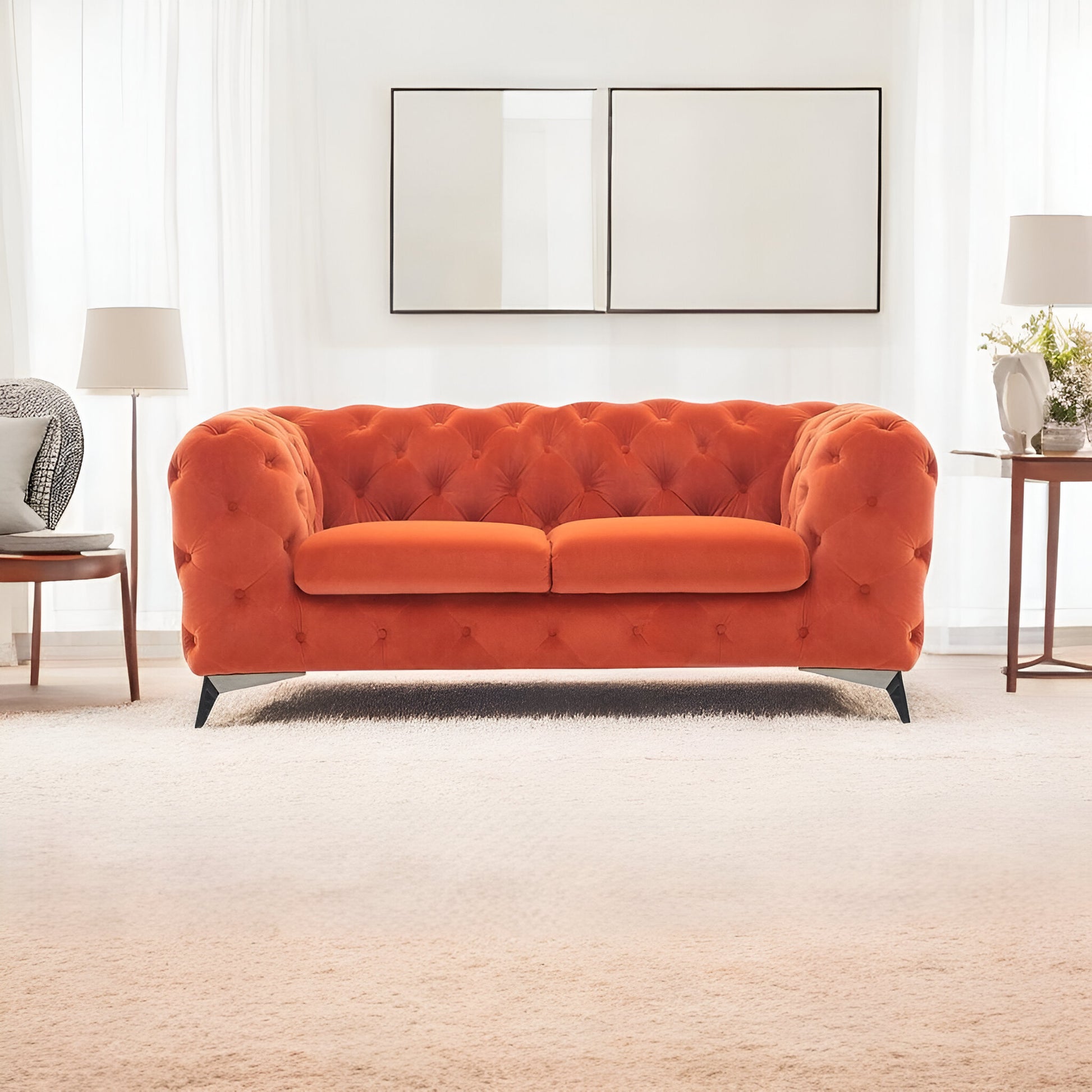 74" Orange And Silver Velvet Chesterfield Loveseat-1