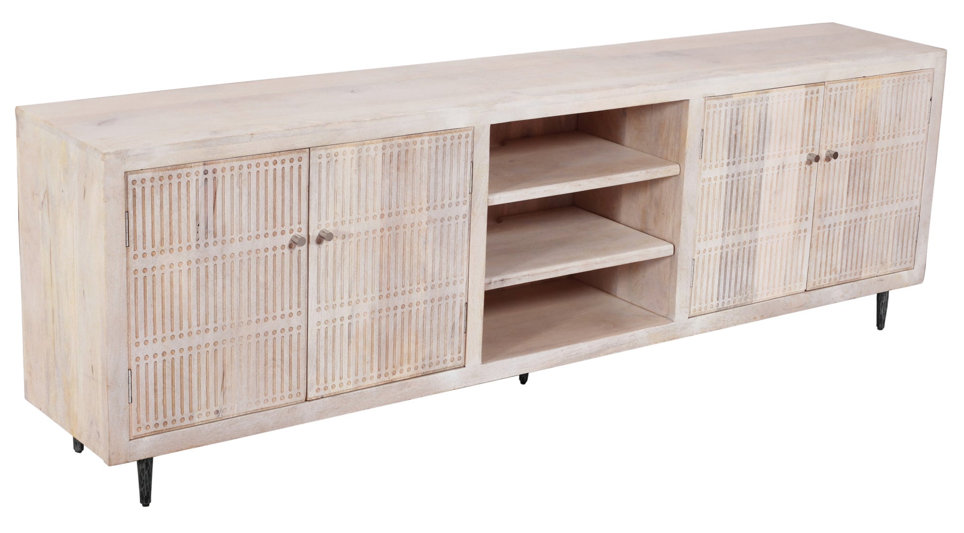 92" Ivory Carved Geometric Distressed Solid Wood Enclosed and Open Storage TV Stand-3