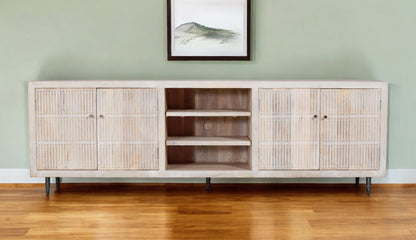 92" Ivory Carved Geometric Distressed Solid Wood Enclosed and Open Storage TV Stand-1