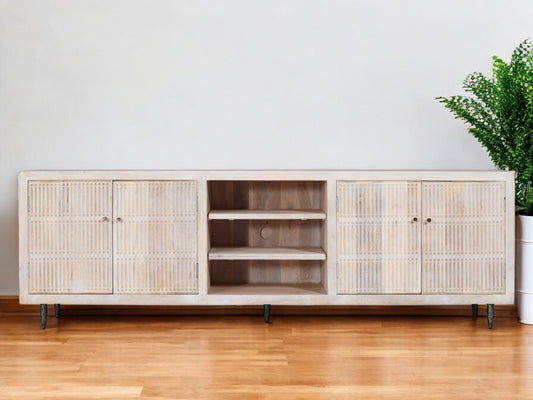 92" Ivory Carved Geometric Distressed Solid Wood Enclosed and Open Storage TV Stand-0