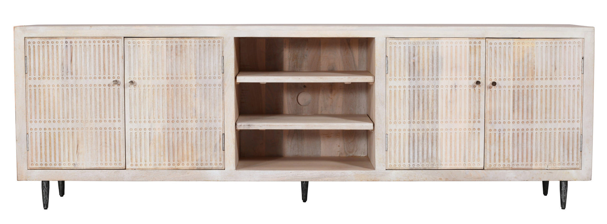 92" Ivory Carved Geometric Distressed Solid Wood Enclosed and Open Storage TV Stand-2