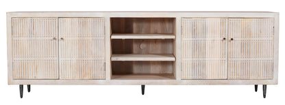92" Ivory Carved Geometric Distressed Solid Wood Enclosed and Open Storage TV Stand-2