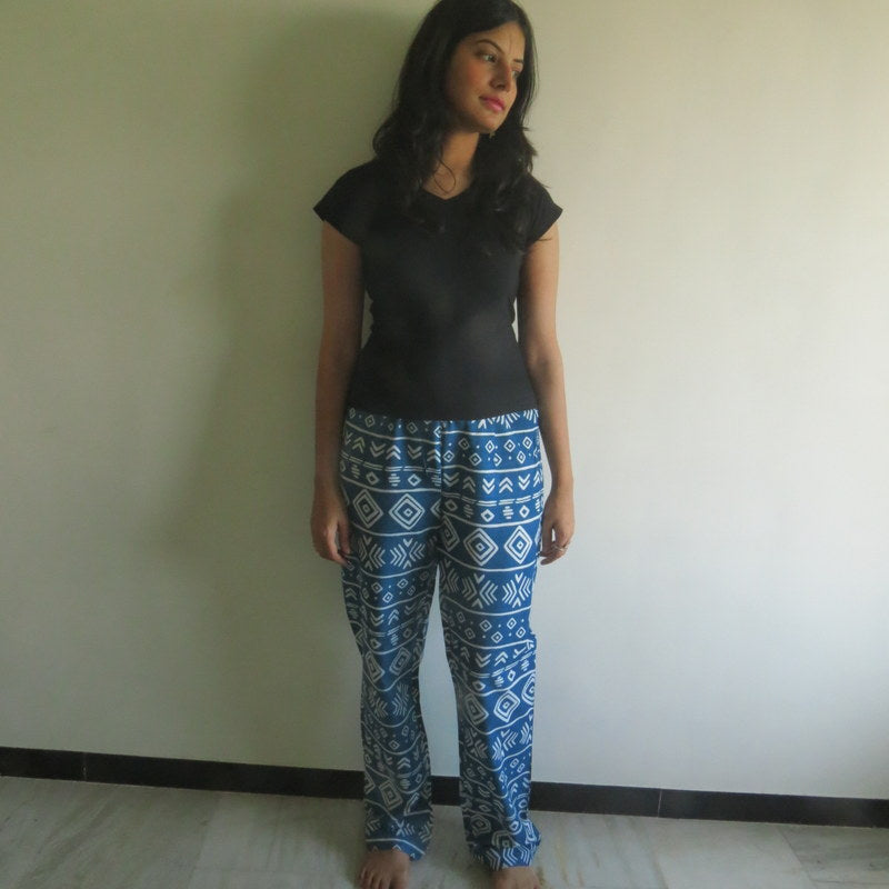 Dark Blue Aztec Straight Cut Drawstring Pajamas-3