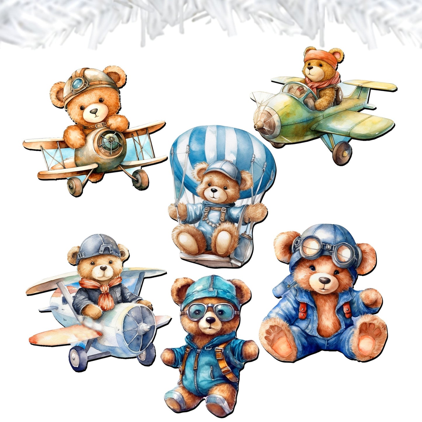 Aviator Teddy Bear Decorative Wooden Clip-on Ornaments of 6 by G. Debrekht - Christmas Decor - 8090010C-S6-1