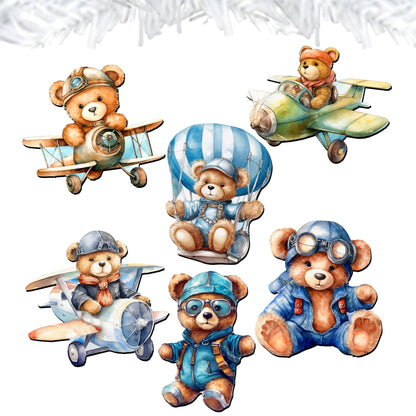 Aviator Teddy Bear Decorative Wooden Clip-on Ornaments of 6 by G. Debrekht - Christmas Decor - 8090010C-S6-1