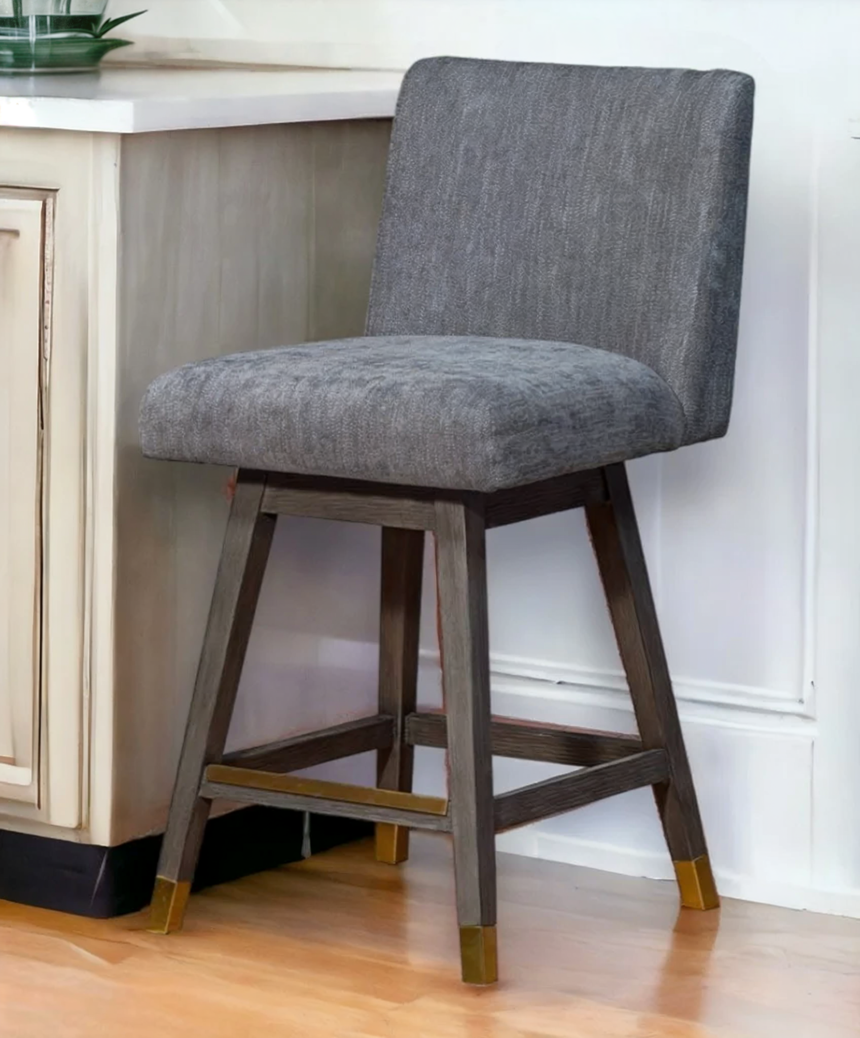 26" Gray and Brown Solid Wood Counter Height Swivel Bar Chair-0