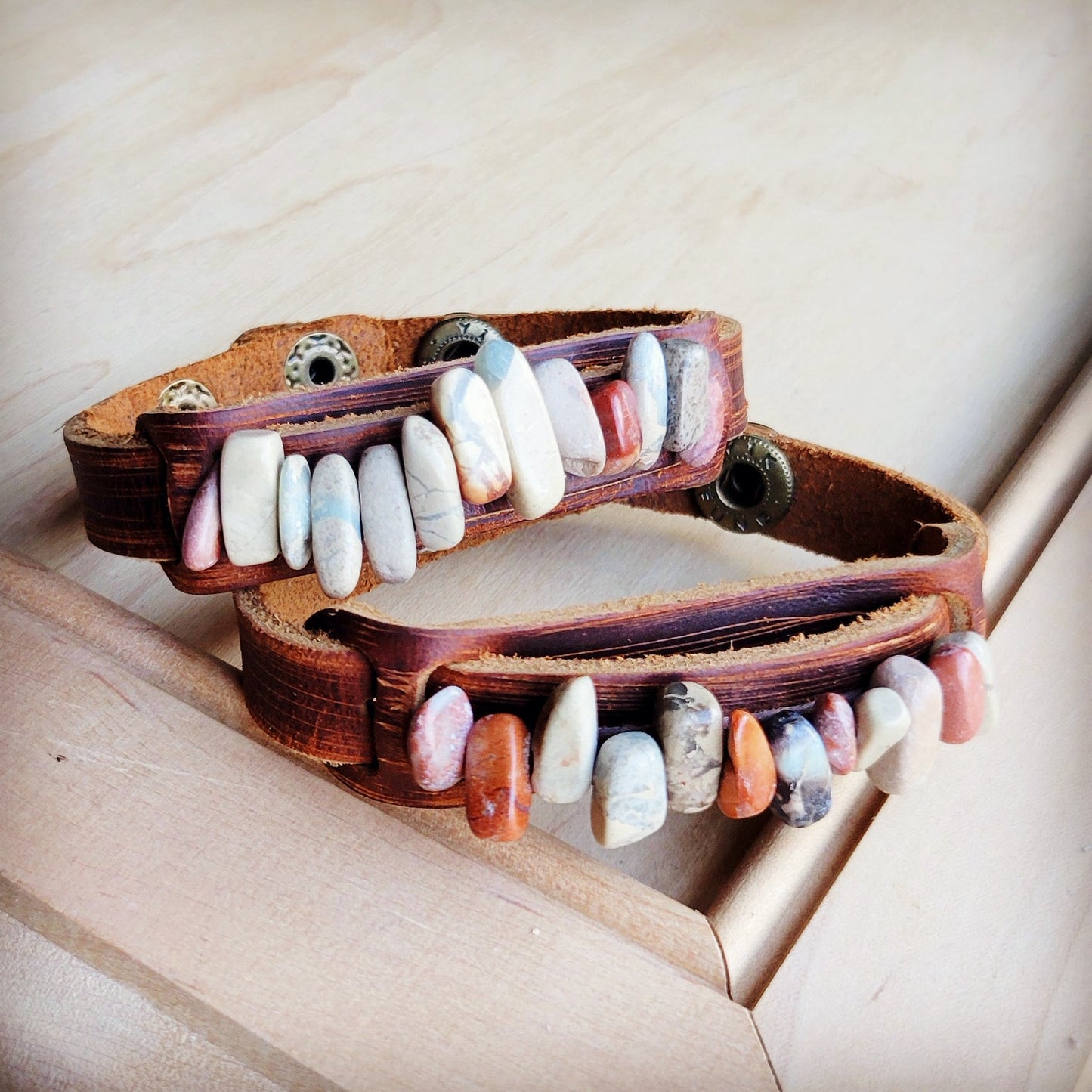 Genuine Leather Narrow Cuff with Aqua Terra Stones 005f-4