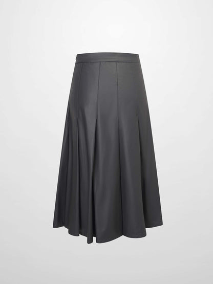 Faux Leather Stitch Down Pleated Skirt-Grey-2