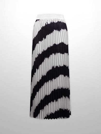 Elastic Waist Printed Pleated Skirt-Black White Ombre-1