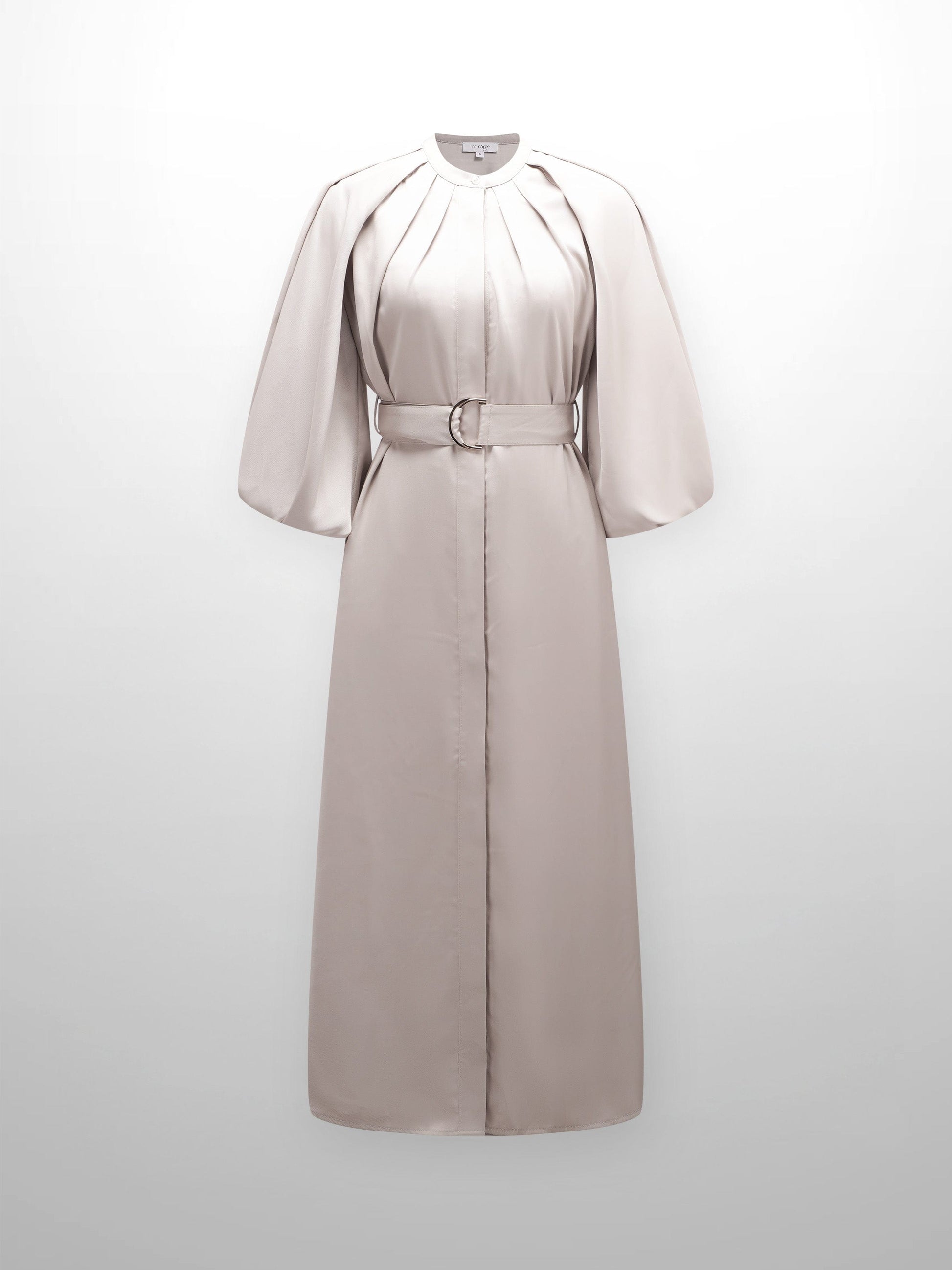 Pleat Neck Belted Dress-Ecru-1