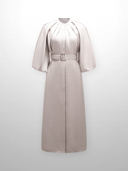 Pleat Neck Belted Dress-Ecru-1