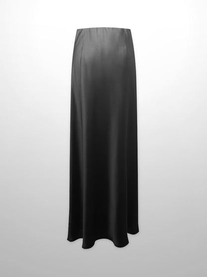Faux Satin A-Line Skirt-Black-1