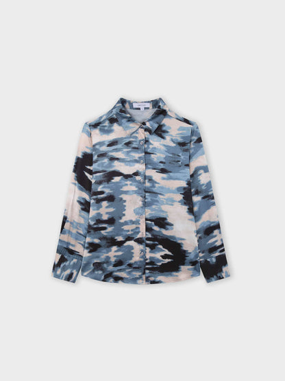 Oversized Satin Slip Blouse-Blue Brushstrokes-0