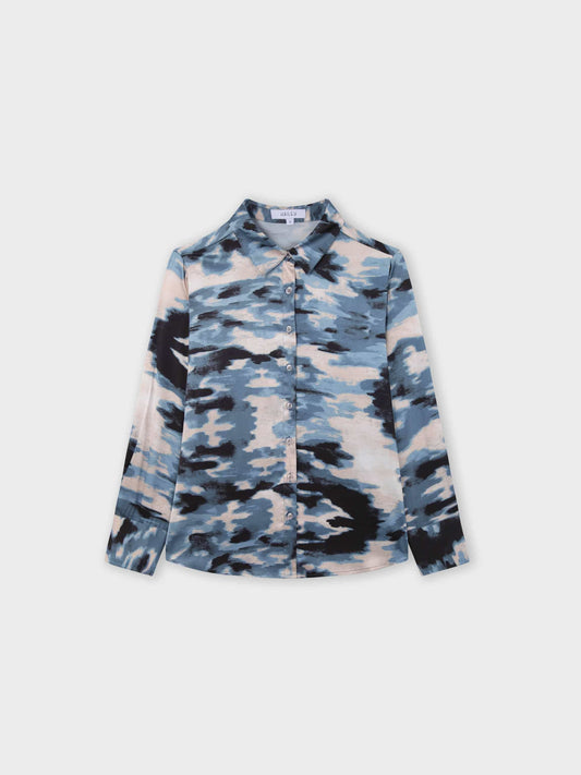 Oversized Satin Slip Blouse-Blue Brushstrokes-0