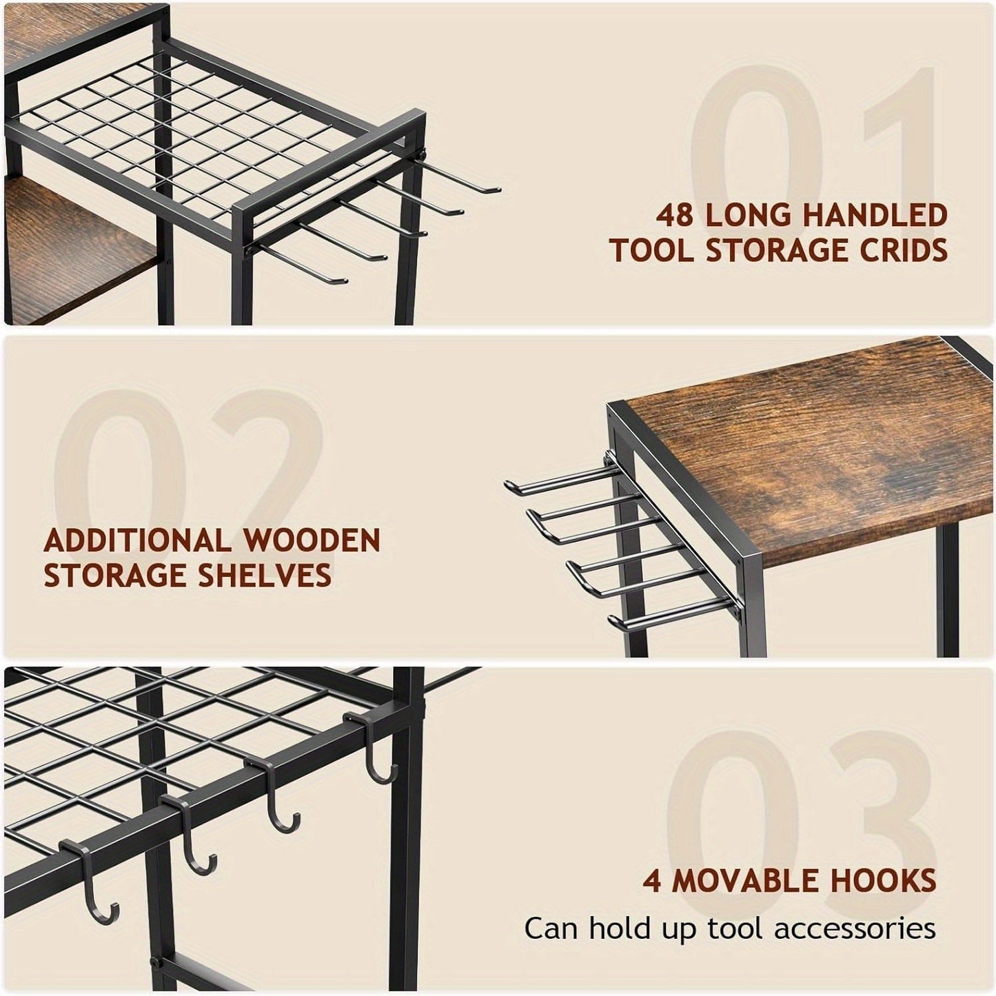 Garden Tool Rack with Wooden Shelves-4