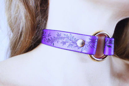 Leaf Pattern Submissive Day Collar – Purple Leather Discreet Jewelry-1