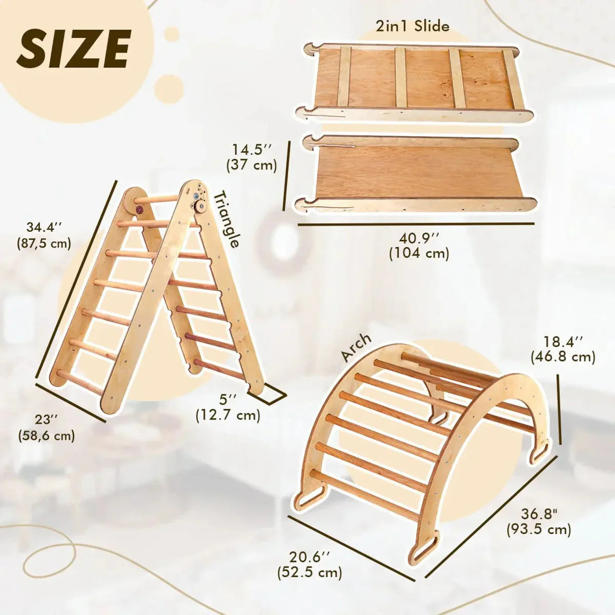 4in1 Montessori Climbing Set: Triangle Ladder + Climbing Arch + Slide Board & Cushion – Beige-1