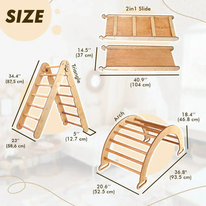 4in1 Montessori Climbing Set: Triangle Ladder + Climbing Arch + Slide Board & Cushion – Beige-1