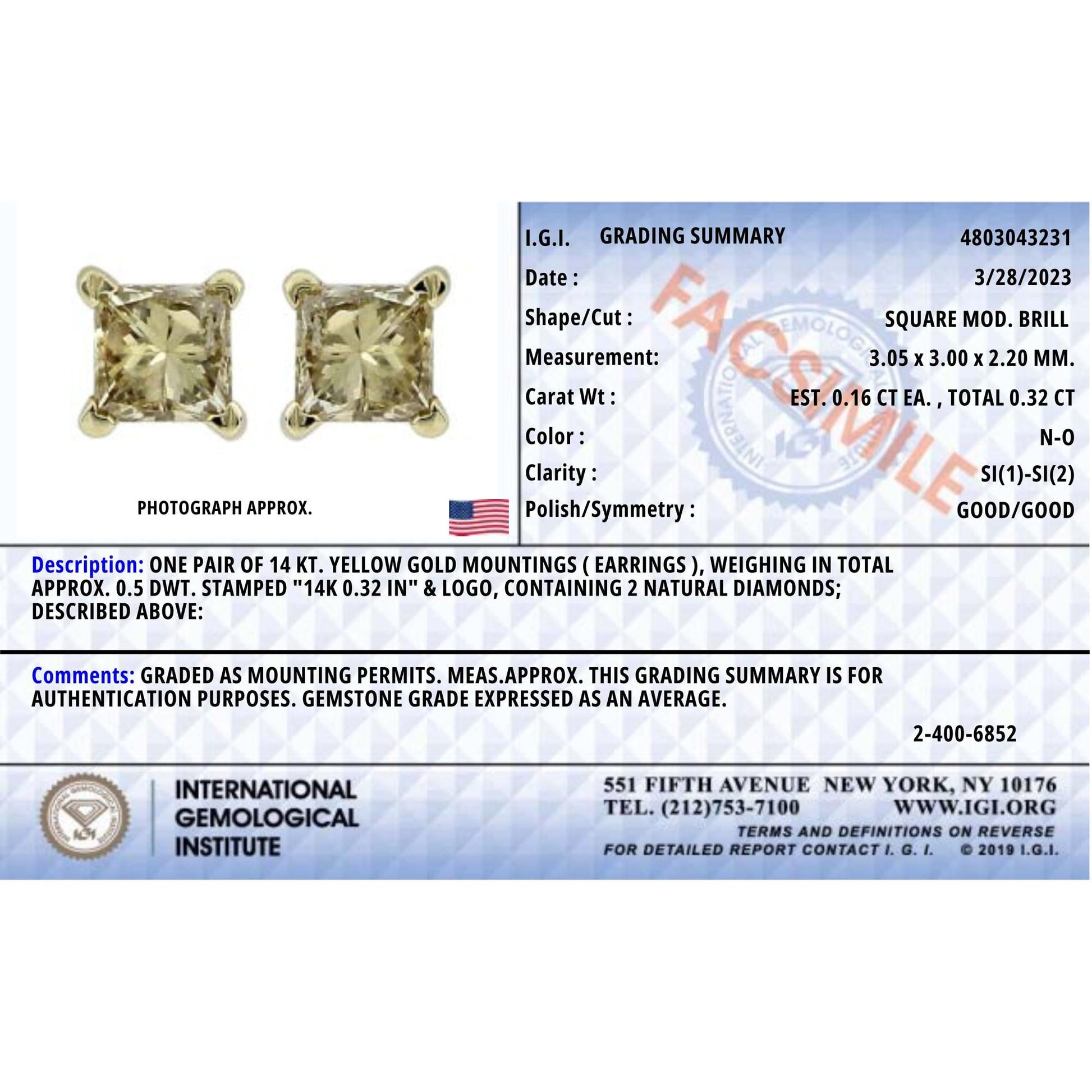 IGI Certified 14k Yellow Gold 1/3 Cttw 4-Prong Set Princess-Cut Solitaire Diamond Push Back Stud Earrings (Q-R Color, I1-I2 Clarity)-4