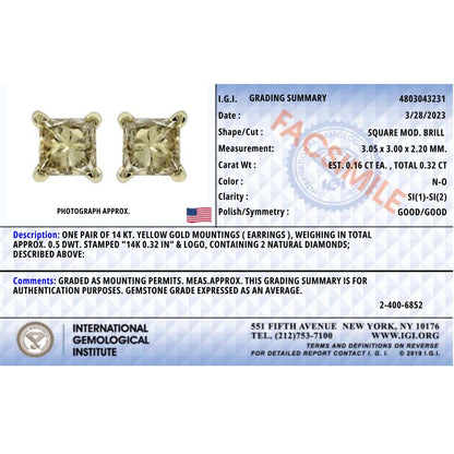 IGI Certified 14k Yellow Gold 1/3 Cttw 4-Prong Set Princess-Cut Solitaire Diamond Push Back Stud Earrings (Q-R Color, I1-I2 Clarity)-4