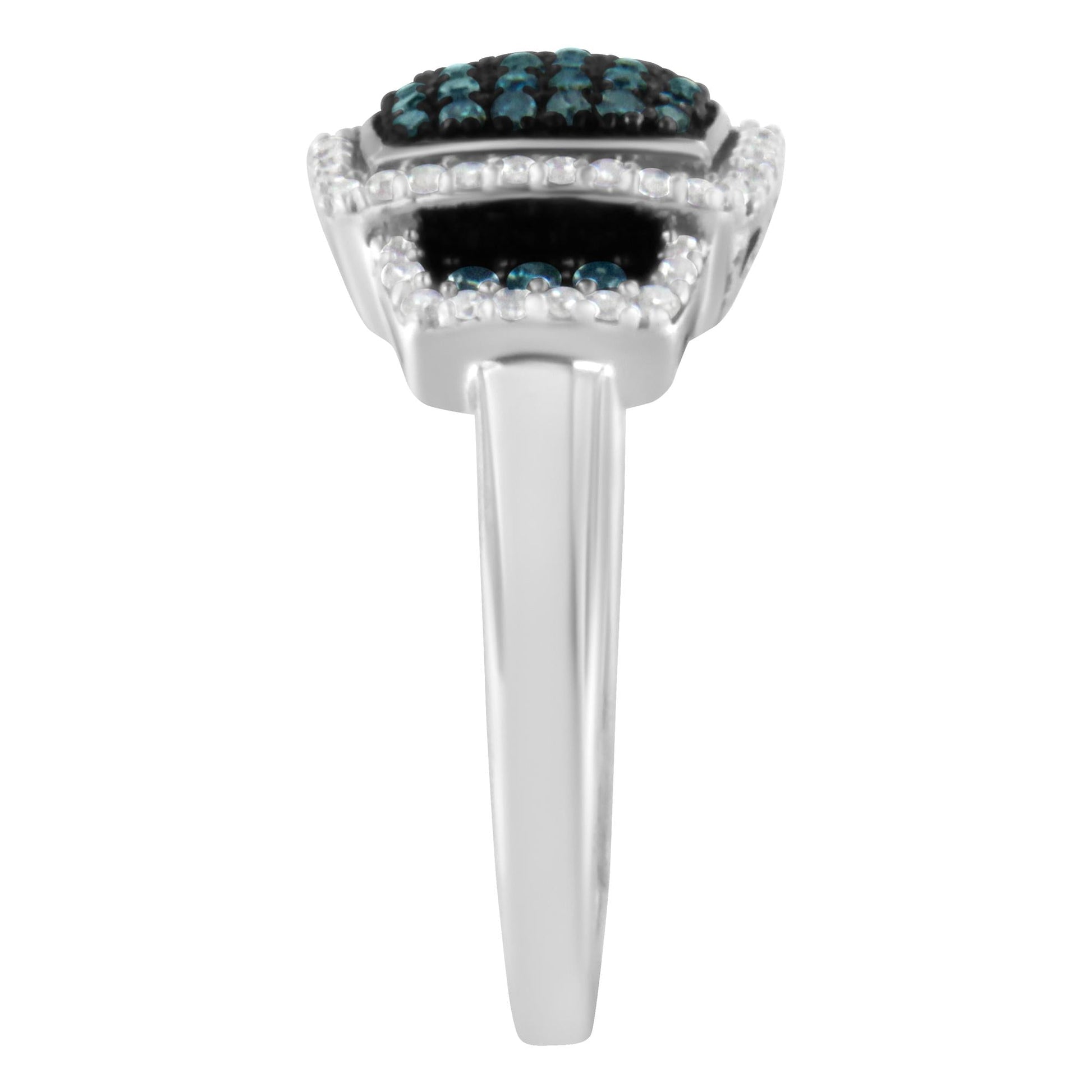Black Rhodium Plated .925 Sterling Silver 1/2 Cttw White & Blue Diamond Square Halo Cocktail Ring (Fancy Blue & H-I Color, I2-I3 Clarity)-4