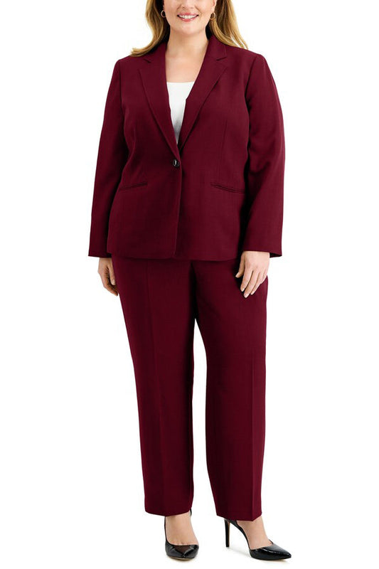 Le Suit Notched Collar One Button Jacket with Button Hook Zipper Closure Pockets Crepe Pants Suit (Plus Size)-0