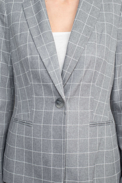 Le Suit Notched Collar 1 Button Tie Mélange Windowpane Jacket with Button Hook Zipper Closure Crepe Pants Suit (Two Piece Set)-4