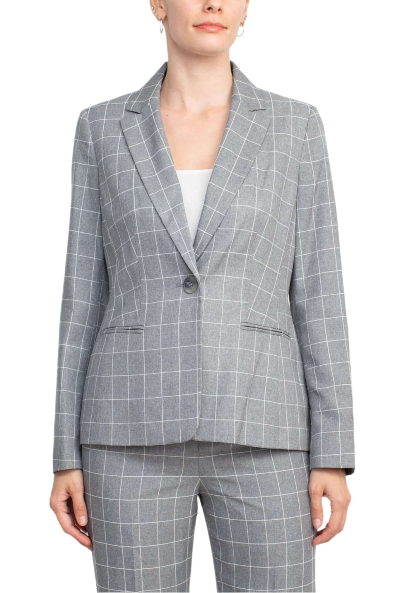 Le Suit Notched Collar 1 Button Tie Mélange Windowpane Jacket with Button Hook Zipper Closure Crepe Pants Suit (Two Piece Set)-1