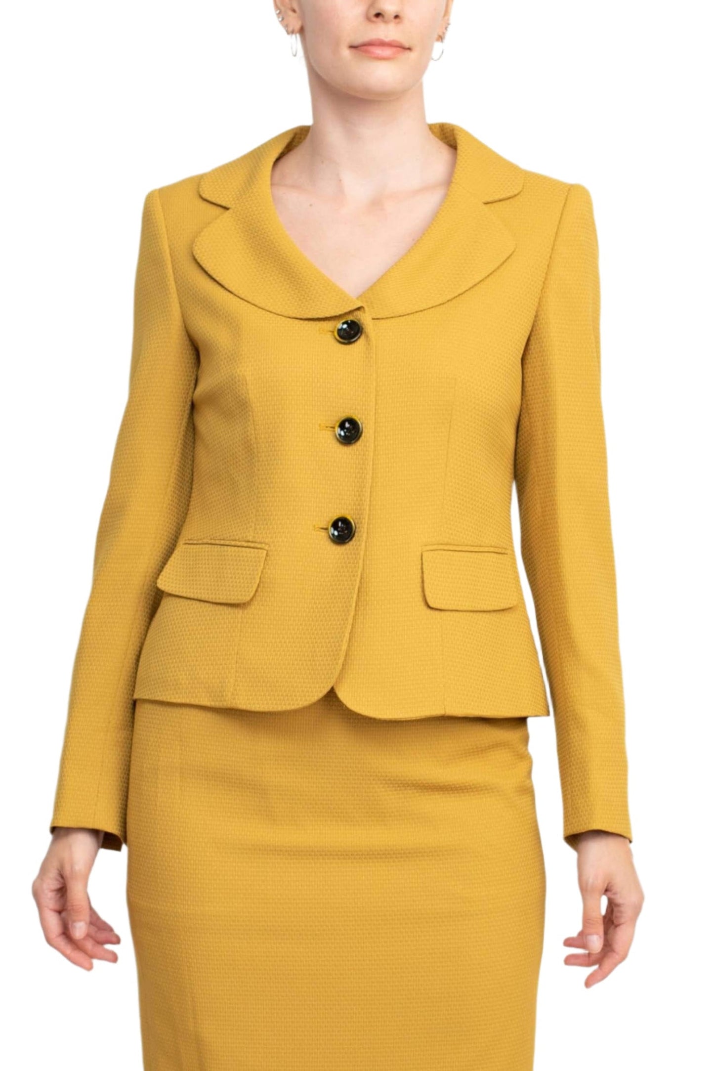 Le Suit Notched Collar 3 Button Flap Pocket Square Texture Jacket with Zipper Back Skimmer Skirt  (Two Piece)-1
