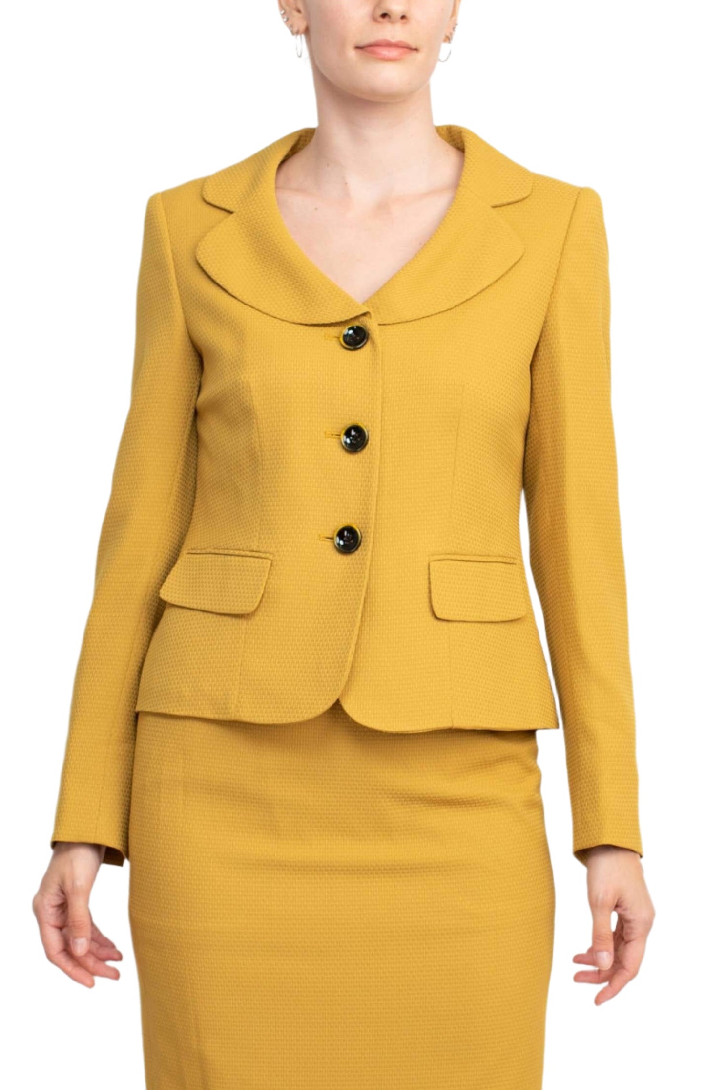 Le Suit Notched Collar 3 Button Flap Pocket Square Texture Jacket with Zipper Back Skimmer Skirt  (Two Piece)-1