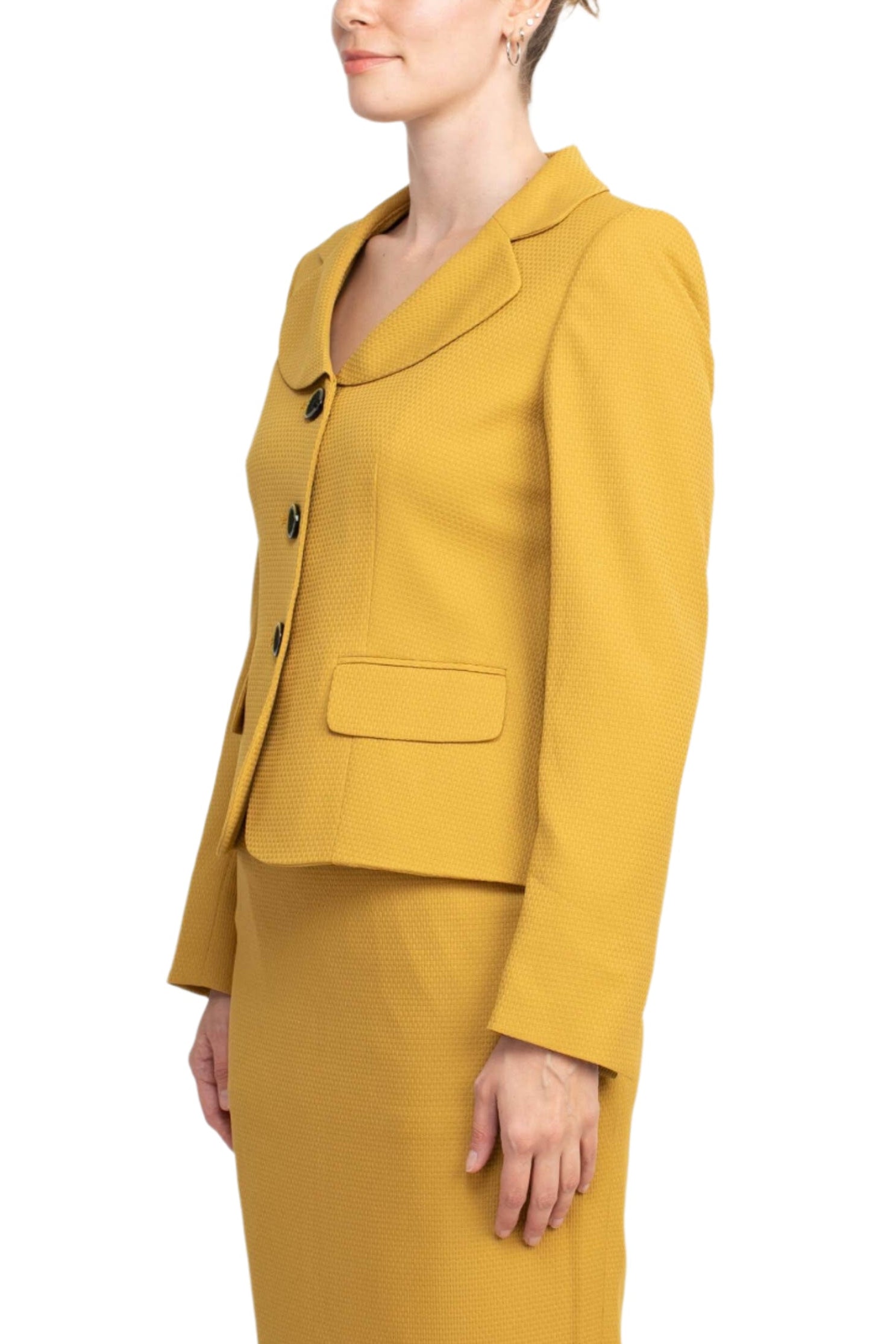 Le Suit Notched Collar 3 Button Flap Pocket Square Texture Jacket with Zipper Back Skimmer Skirt  (Two Piece)-2