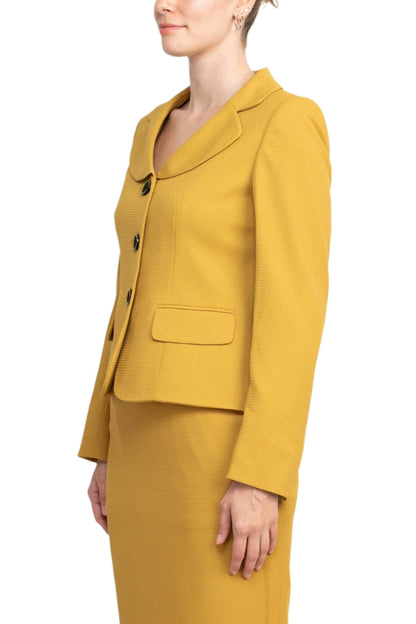 Le Suit Notched Collar 3 Button Flap Pocket Square Texture Jacket with Zipper Back Skimmer Skirt  (Two Piece)-2