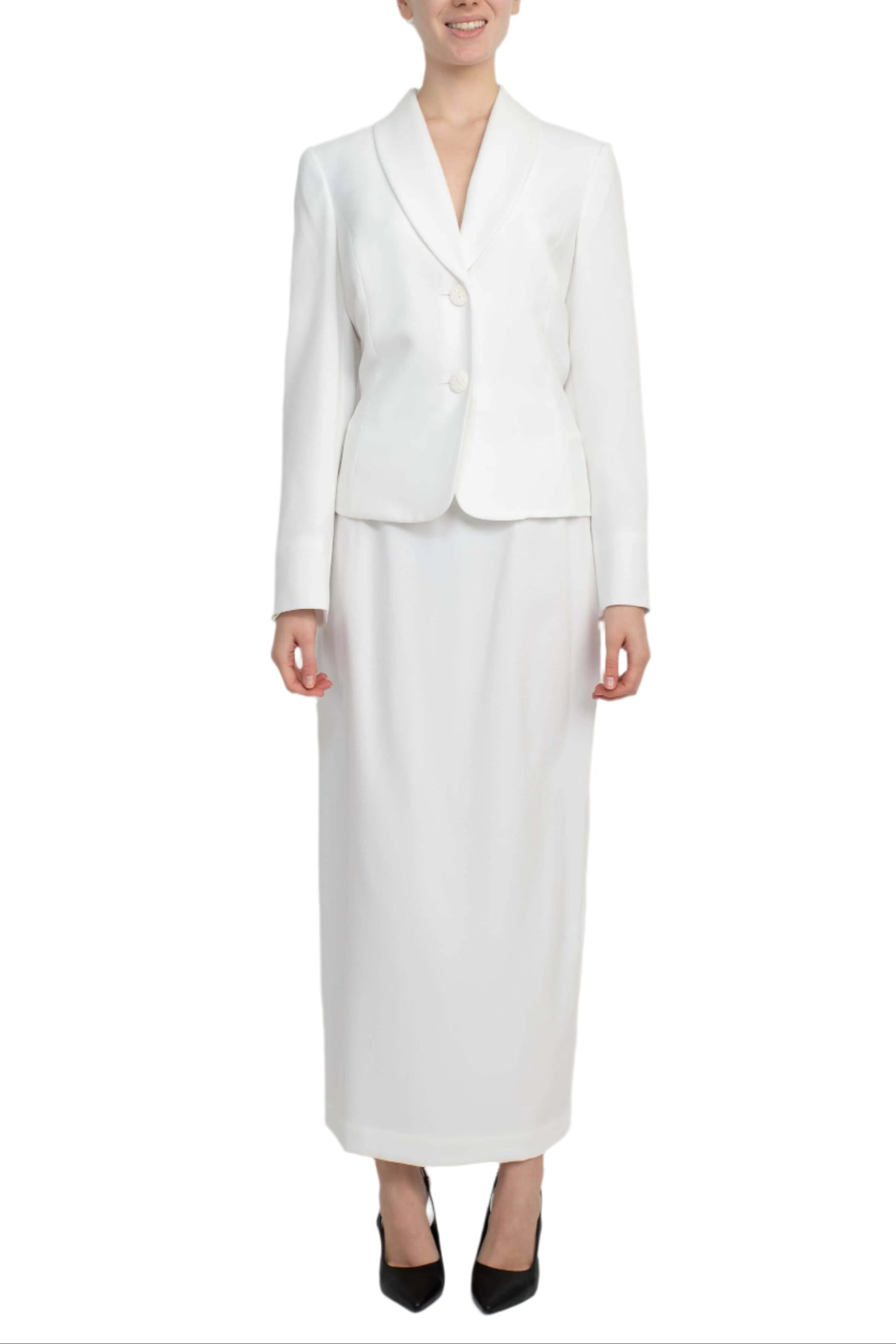 Le Suit Shawl Collar 2 Button Closure Crepe Jacket with Zipper Back Column Skirt  (Two Piece)-0