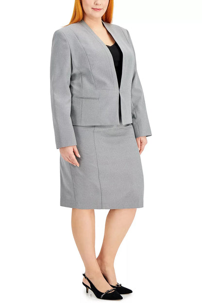 Le Suit Collarless Hook & Eye Closure at Front Shoulder Pads Side Welt Pockets Crepe Jacket with Skirt (Plus Size)-1