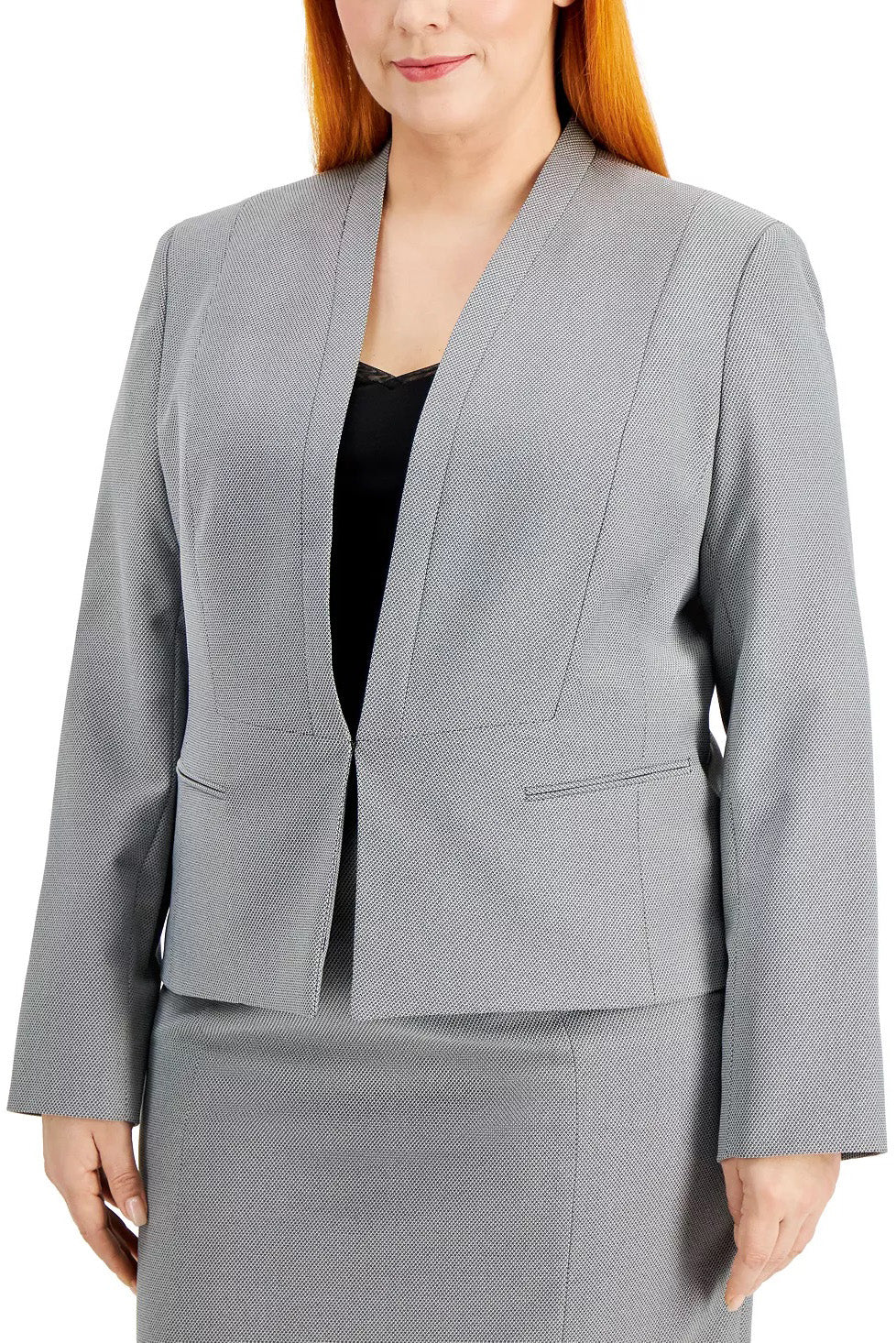 Le Suit Collarless Hook & Eye Closure at Front Shoulder Pads Side Welt Pockets Crepe Jacket with Skirt (Plus Size)-3