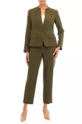 Le Suit Stand-Up Collar Blazer One-Button Closure and Two Hip Pockets Elastic Back Trousers Pantsuits-2