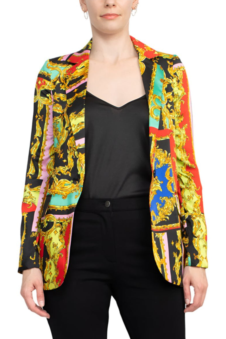 Industry Notched Collar One Button Closure Long Sleeve Multi Print Blazer-0
