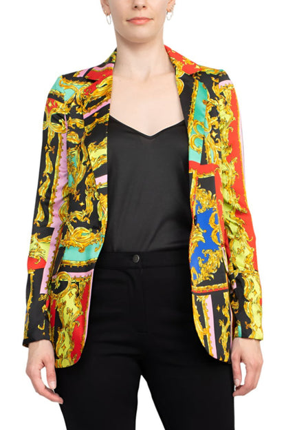 Industry Notched Collar One Button Closure Long Sleeve Multi Print Blazer-0