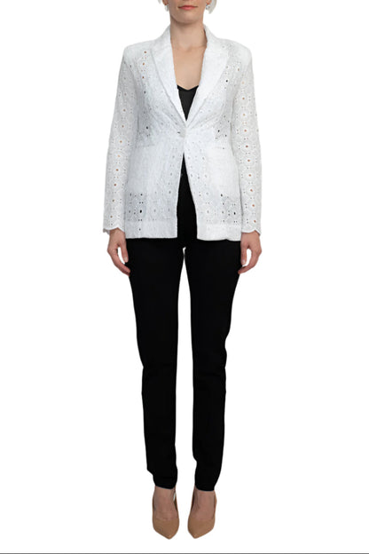 Industry Lapel Collar Long Sleeve One Button Closure Eyelet Lace Blazer-4